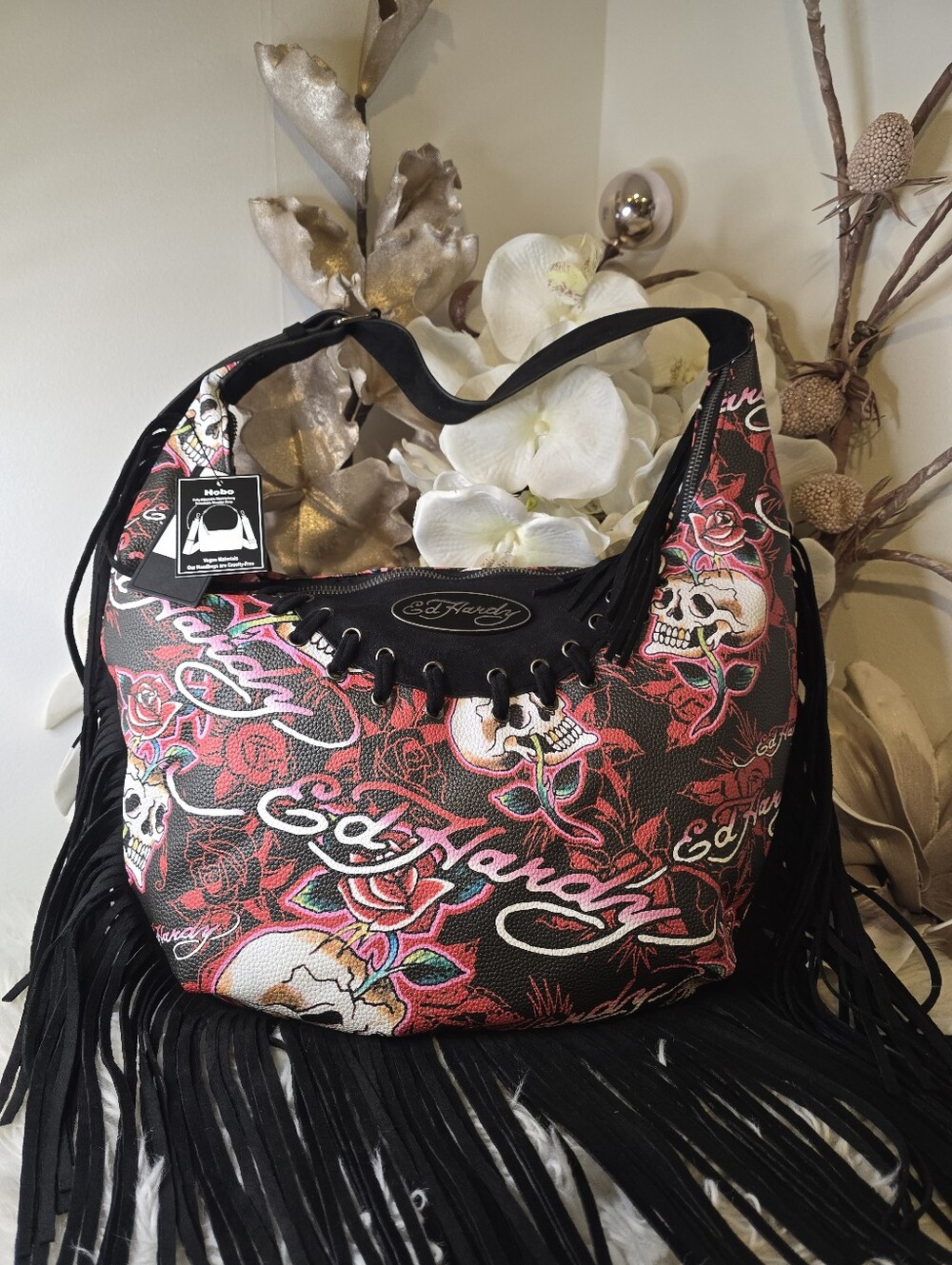 ED HARDY Red MULTI Color SKULL Rose TATTOO Logo FRINGE Shoulder HOBO Bag NWT